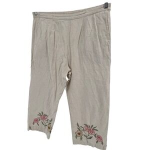 Tantrums Capris Cropped Pants Womens Beige Floral Embroidered Elastic Waist